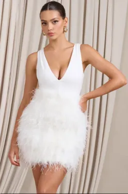 Club L London Flirt  Plunge Front Mini Dress with Feather Skirt White Size 4  for rent on The Volte - image 4