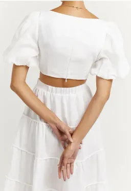 DISSH Aisle Linen Tier Long Skirt and Vienna Linen Curved Crop Top Set White Size 6 AU for rent on The Volte - image 4