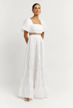 DISSH Aisle Linen Tier Long Skirt and Vienna Linen Curved Crop Top Set White Size 6 AU for rent on The Volte - image 2