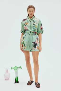 Alemais Meagan Oversized Linen Shirt & Shorts Set Green Multi Size 10 for rent on The Volte - image 1