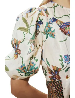 Alemais Birdie Puff-Sleeve Printed Linen Midi Dress Ivory/Print Size 16 for rent on The Volte - image 2