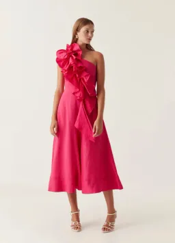 Aje Adelia Ruffle Midi Dress Pink Size 12 for rent on The Volte - image 1