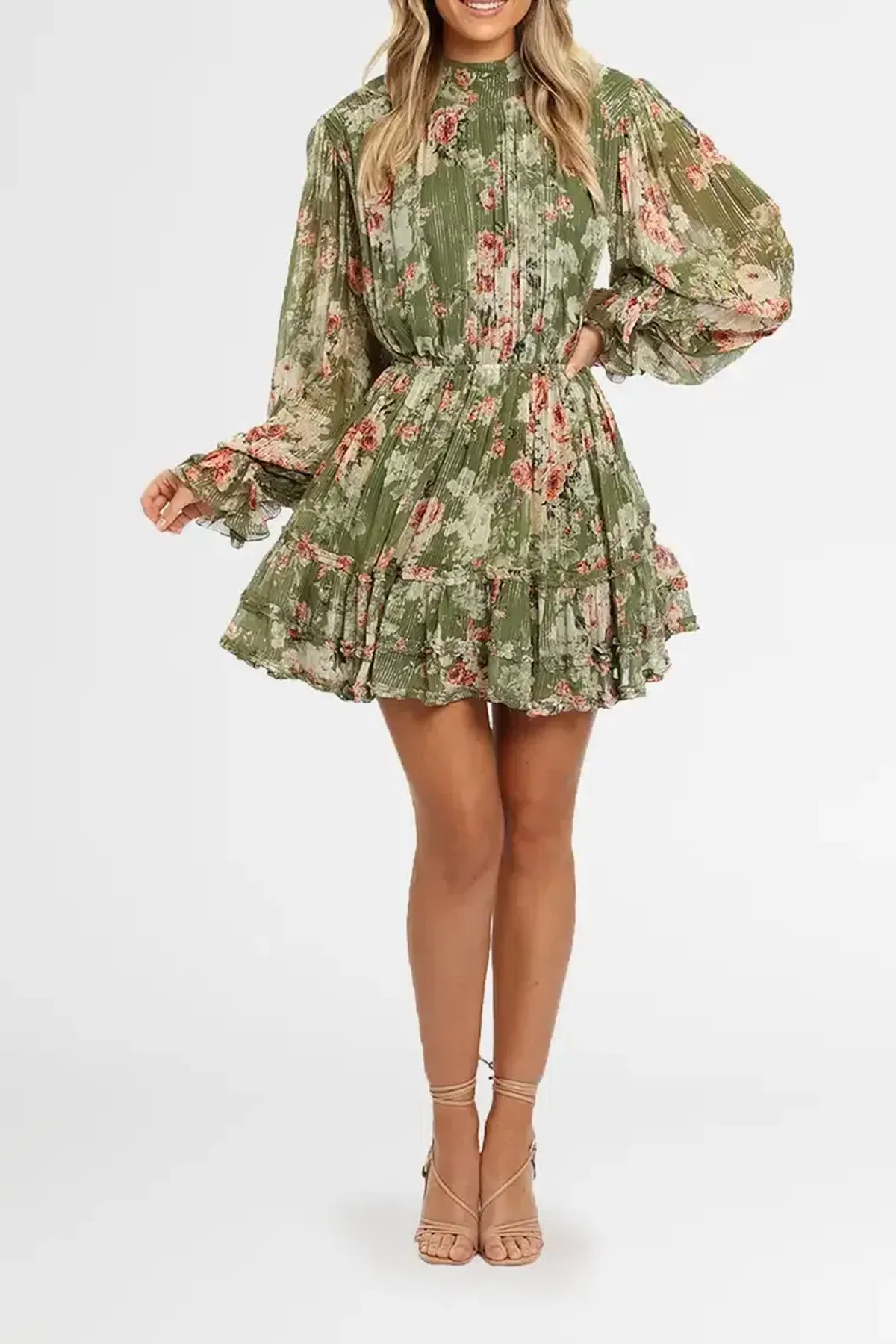 Hemant & Nandita Neem Mini Dress in Green Floral Size 10 - Image 2