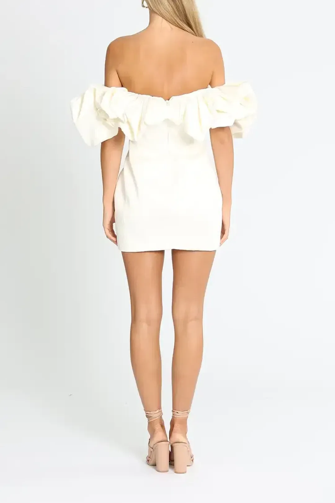 House of CB Selena Satin Ruffled Mini Dress in Ivory Size 10 for rent on The Volte - main image