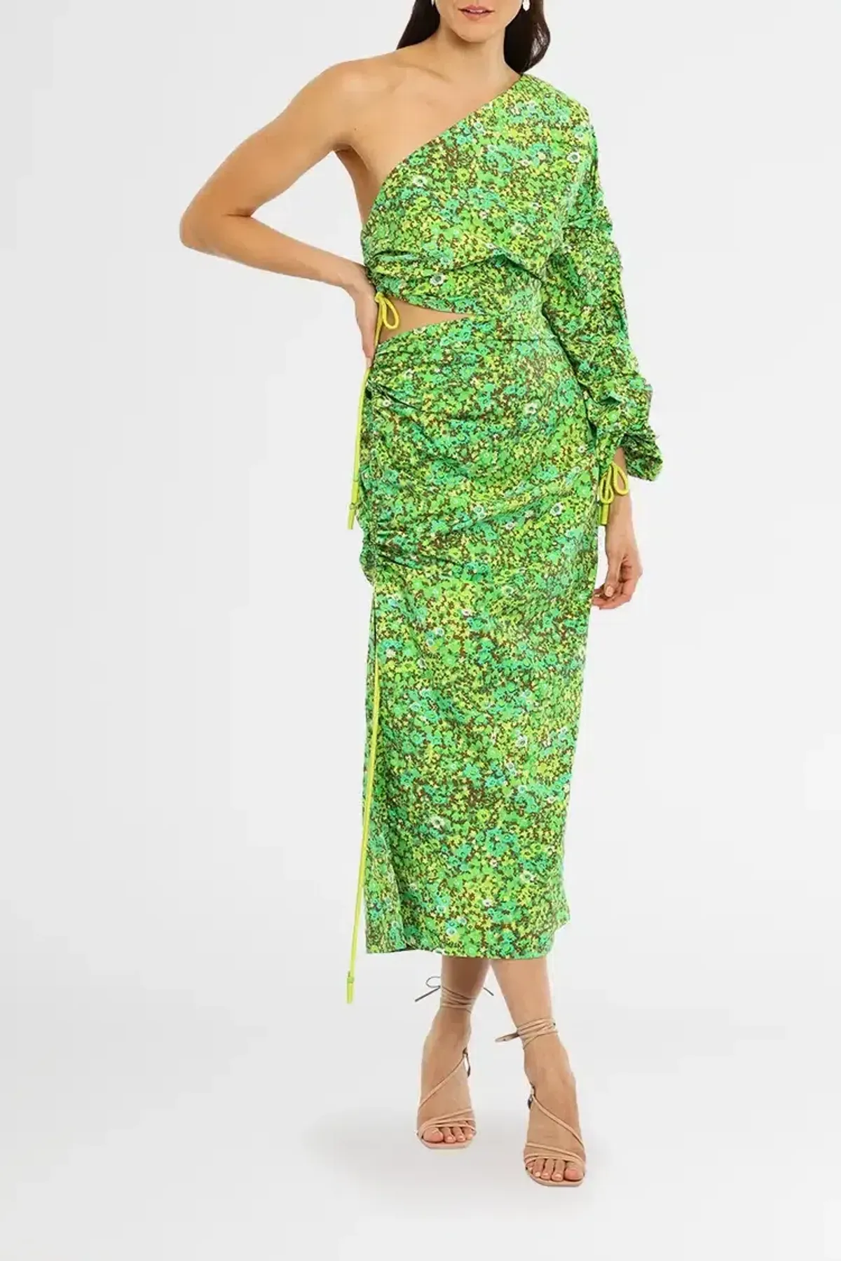 Alemais Phyllis Asymmetric Midi Dress in Green Floral Size 6 - Image 2