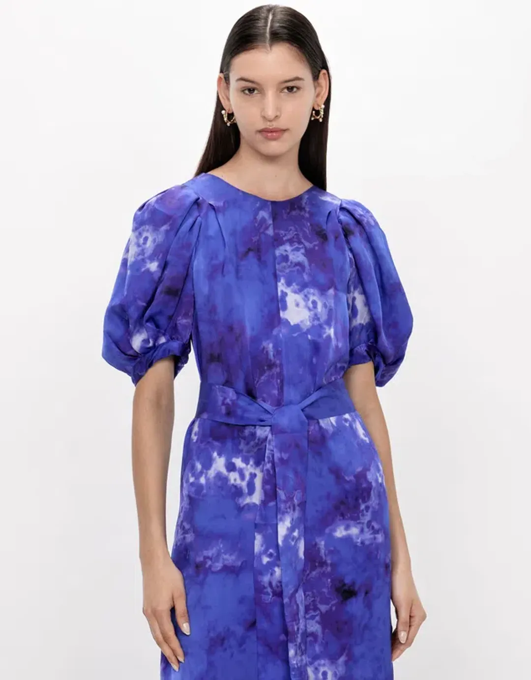 Veronika Maine Clouded Satin Midi Dress Blue Jewel Size AU 14 for rent on The Volte - main image