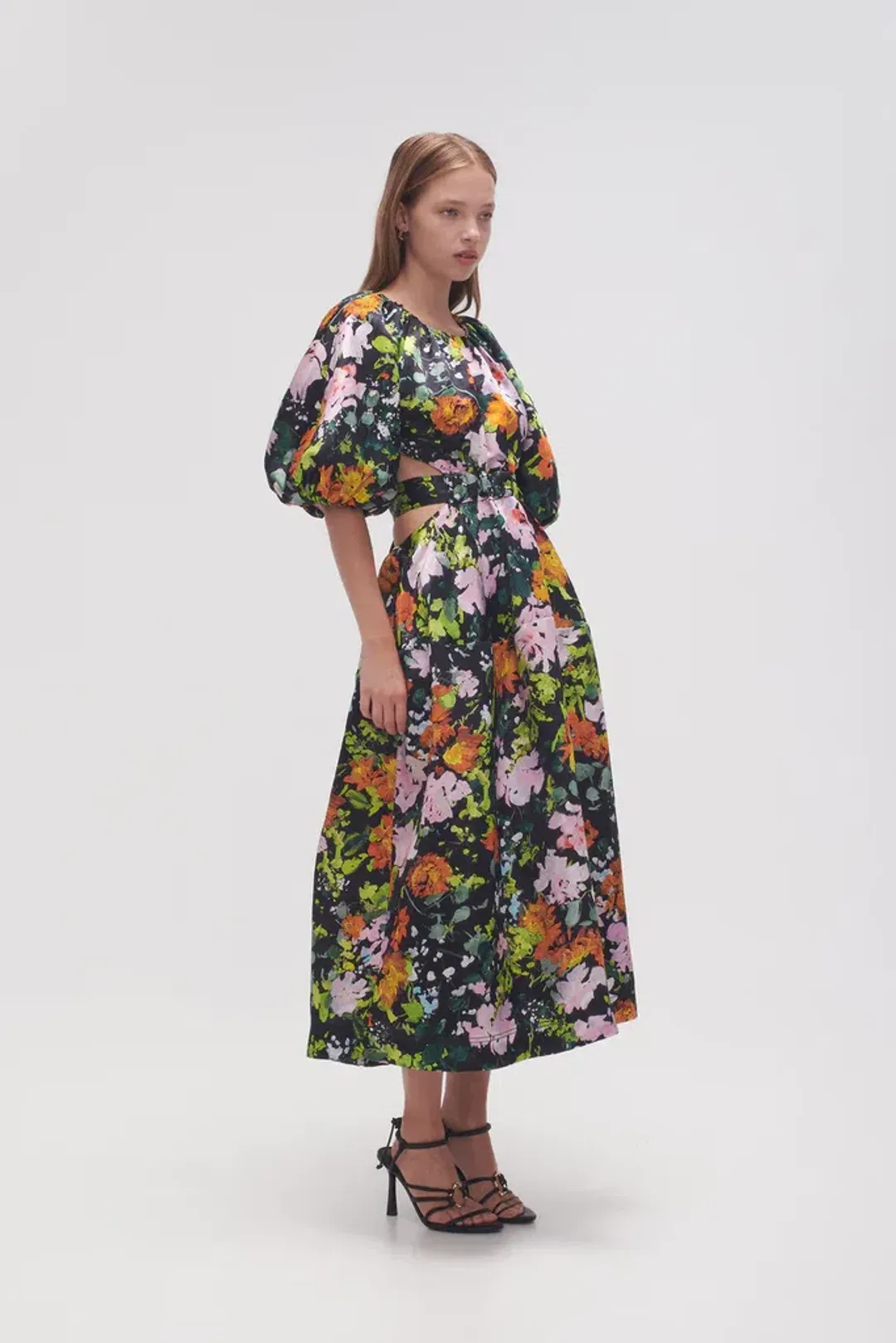 Aje Mimosa Cutout Midi Dress Puff Sleeves Midnight Floral Size AU 10  for rent on The Volte - main image