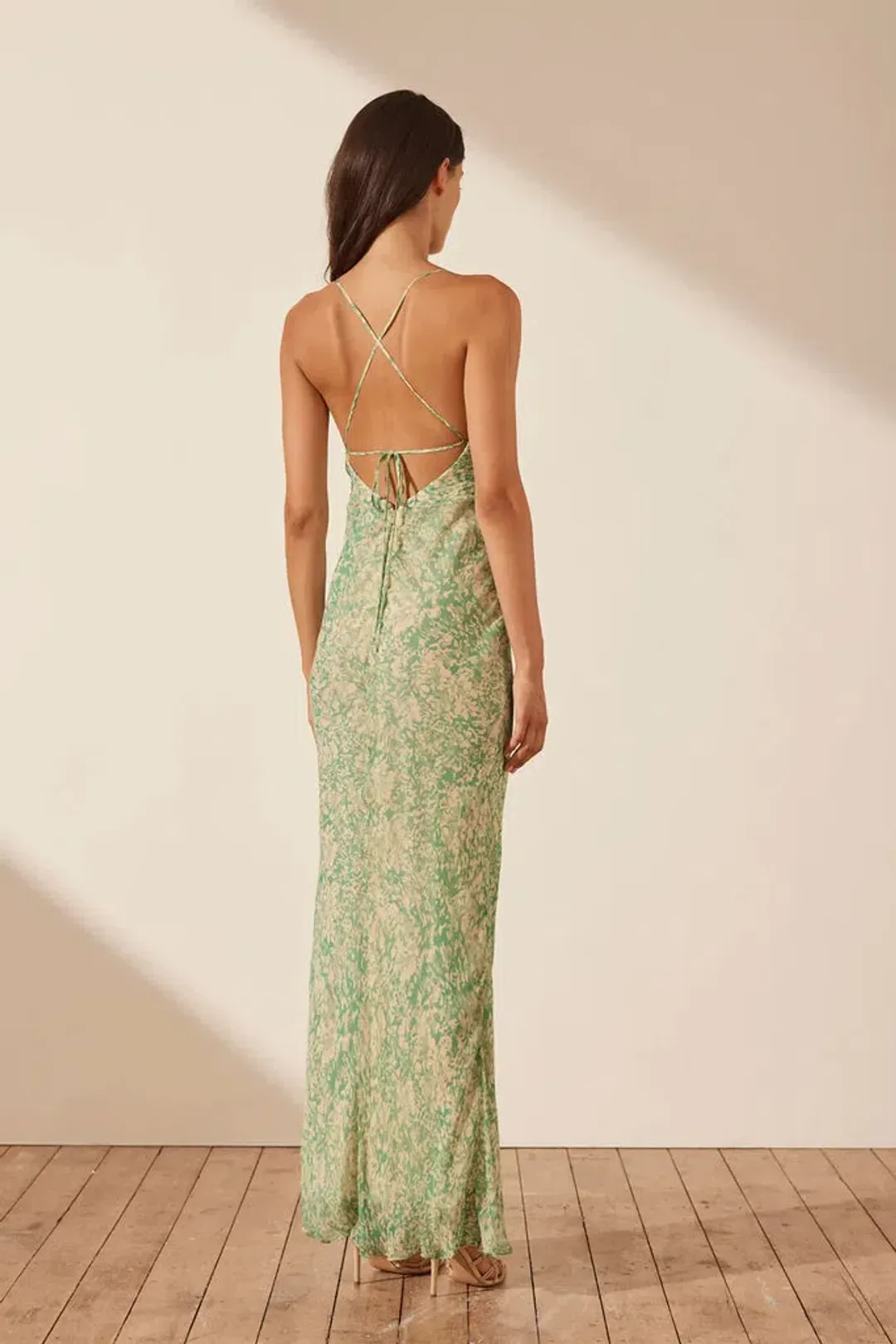 Shona Joy Belvedere Lace Back Bias Maxi Dress Tree Green/Multi AU 8 for rent on The Volte - main image