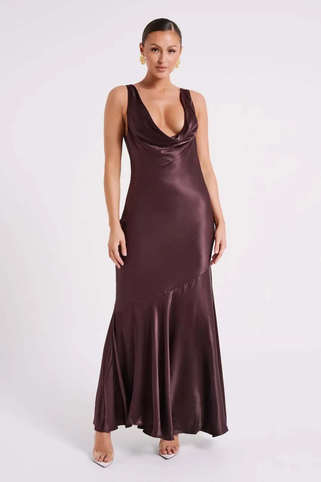 Meshki Ellison Satin Cowl Gown Dark Chocolate Size L / AU 12 for rent on The Volte - main image
