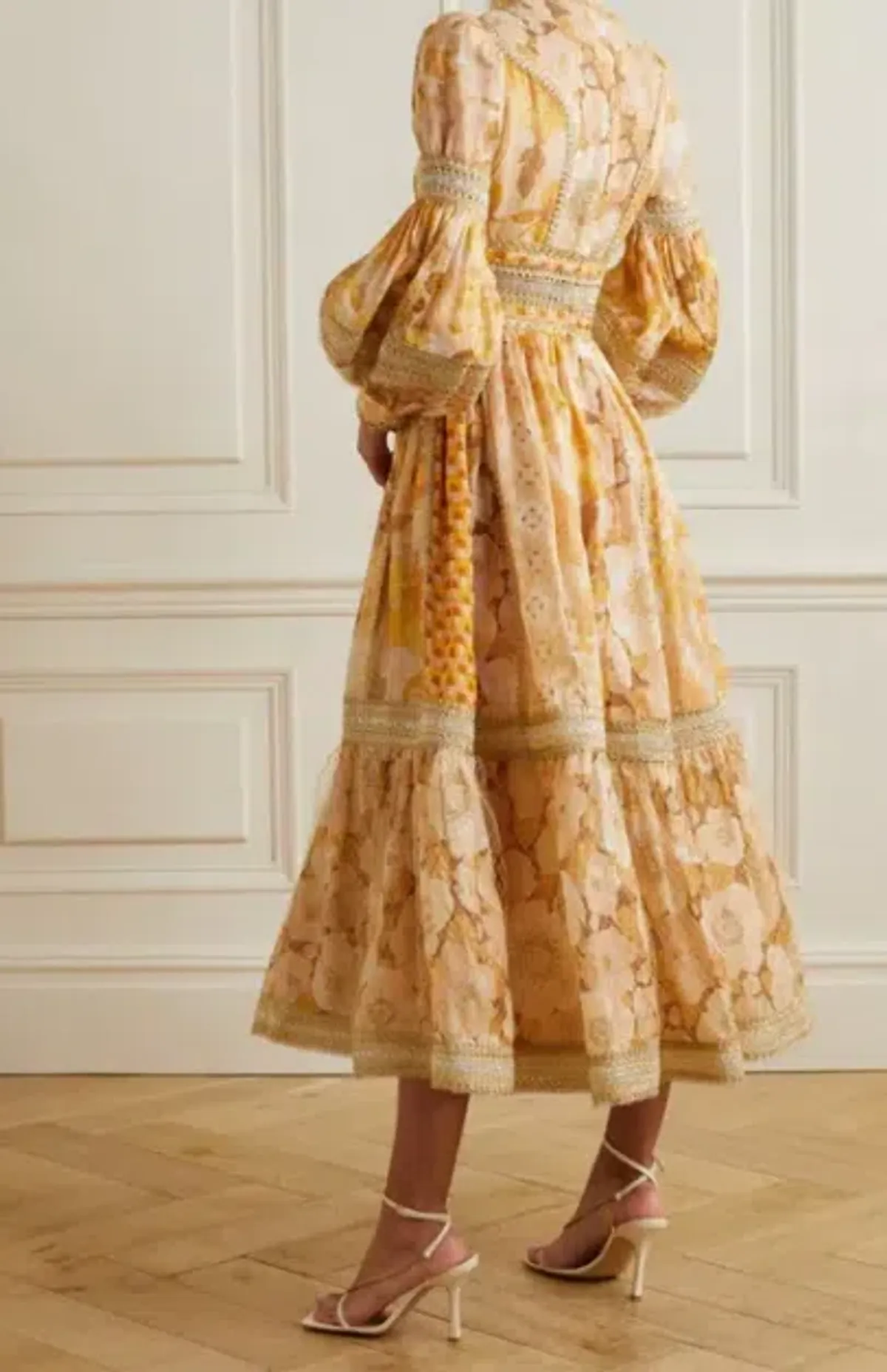 Zimmermann Tempo Spliced Trim Gown Gold Mixed Print Size 16 - Image 2