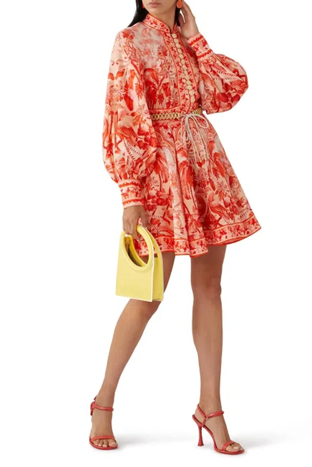 Zimmermann Lyre Billow Sleeve Mini Dress Red Palm Print Size 0/Au 8  for rent on The Volte - main image