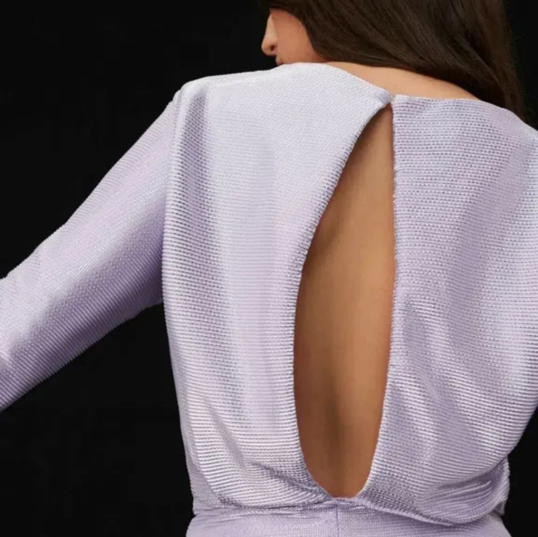 Maje Metallic Printed Ribbed Jersey Mini Dress Lilac Size 8 for rent on The Volte - main image