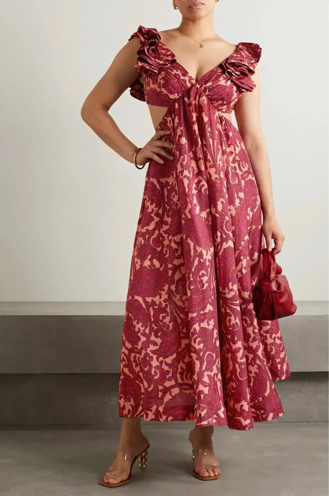 Zimmermann Tiggy Cutout Ruffled Silk Midi Dress Paisley Print 2/AU 12 for rent on The Volte - main image