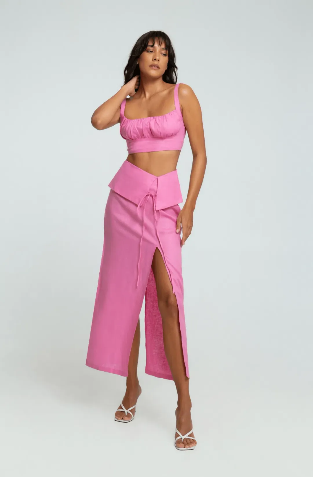 Summer Born Label Catara Linen Crop Top and Midi Skirt Set Pink Size XS /AU 6 for rent on The Volte - main image