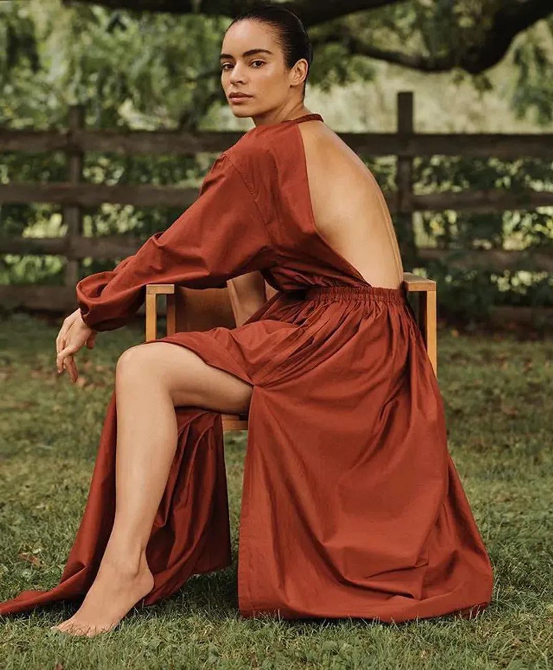 Matteau Open Back Plunge Dress Rust Size 12  for rent on The Volte - main image