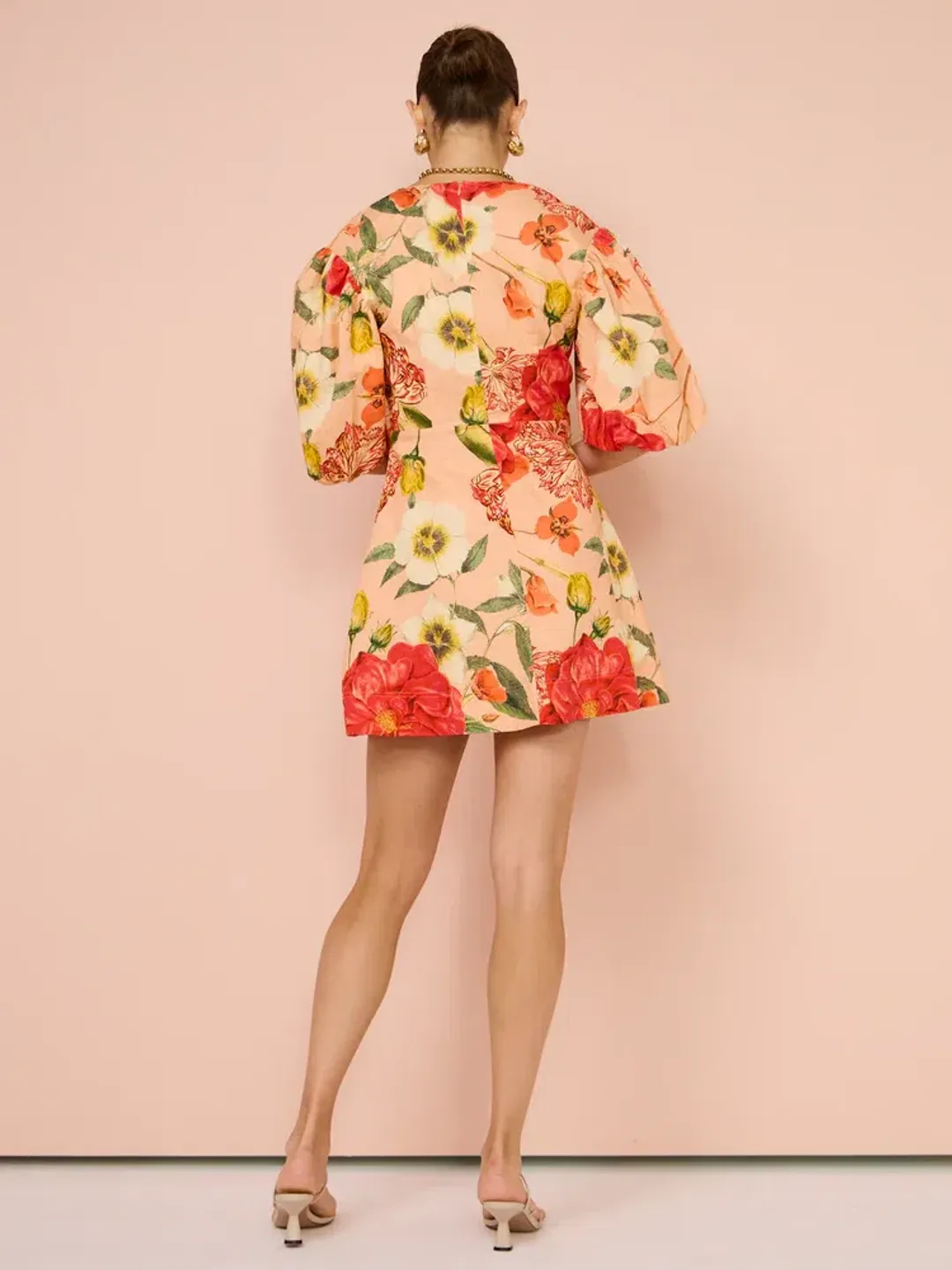 By Nicola Bolero Gathered Neckline Mini Dress In Raspberry Punch Floral Size 8 for rent on The Volte - main image