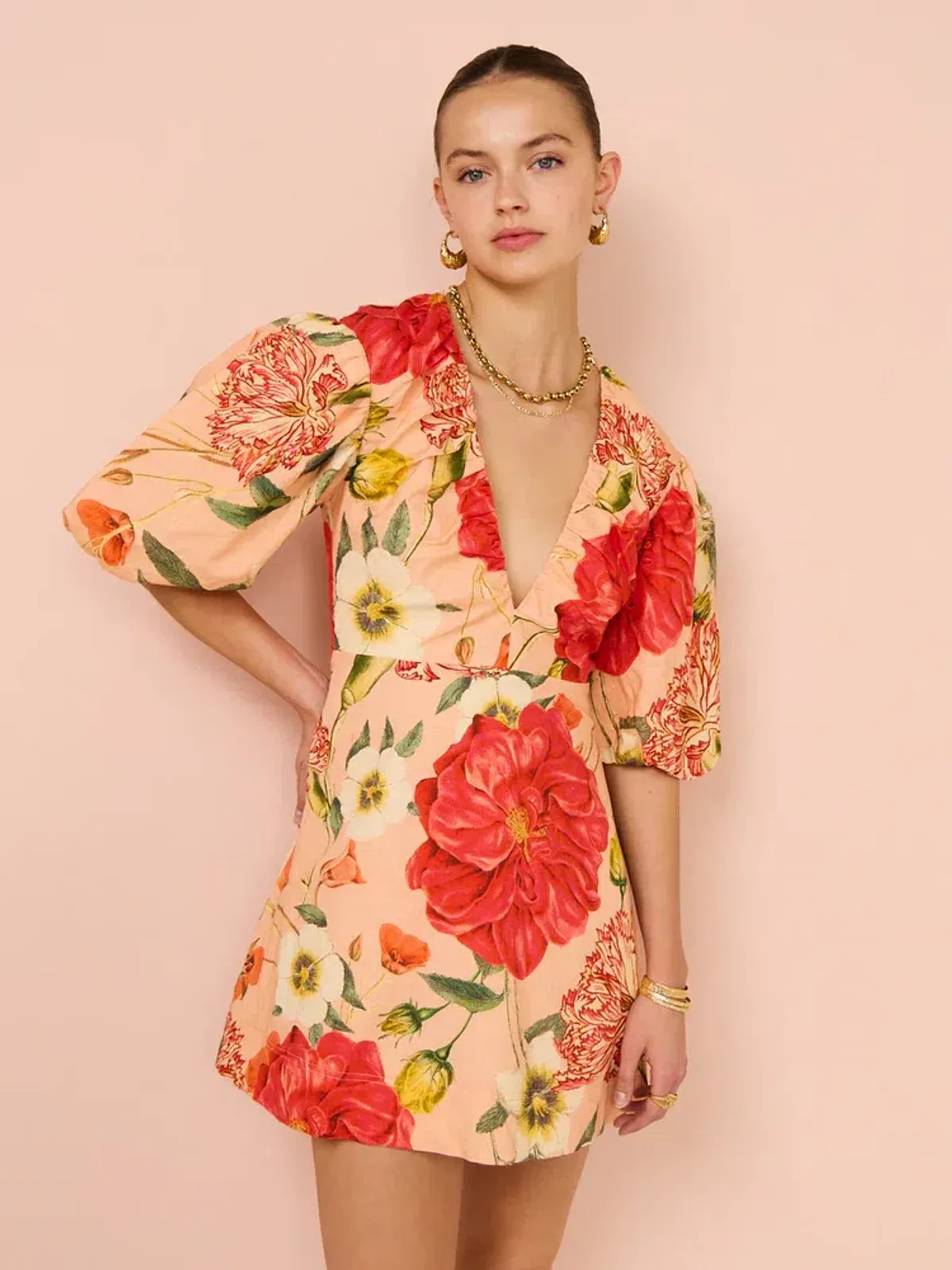 By Nicola Bolero Gathered Neckline Mini Dress In Raspberry Punch Floral Size 8 - Image 8