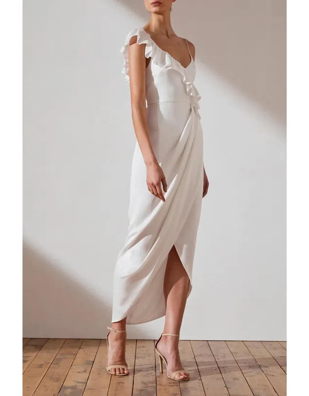 Shona Joy Asymmetrical Frill Midi Dress Ivory Size 10 for rent on The Volte - main image