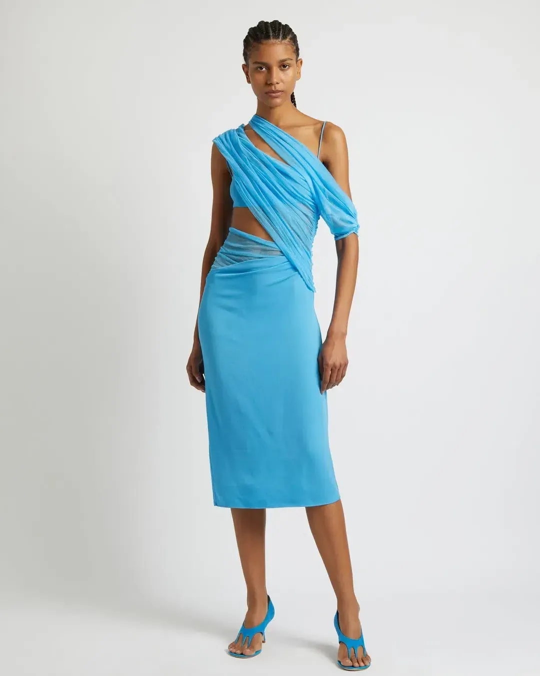 Christopher Esber Magnetica Asymmetric Midi Dress Dolphin Blue Size 8  for rent on The Volte - main image