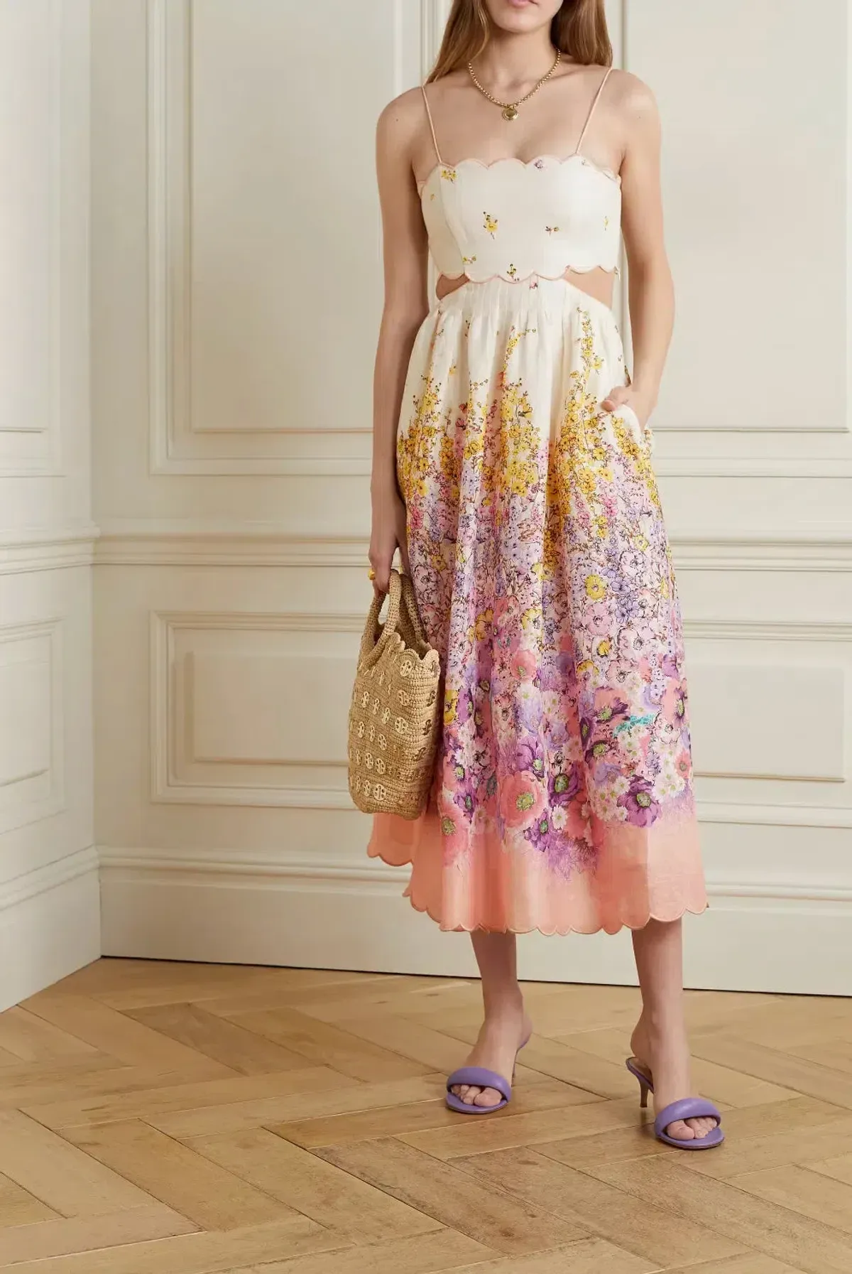 Zimmermann Jude Scallop Midi Dress in Peach Gradient Floral  Size 1 /Au 10 - Image 1