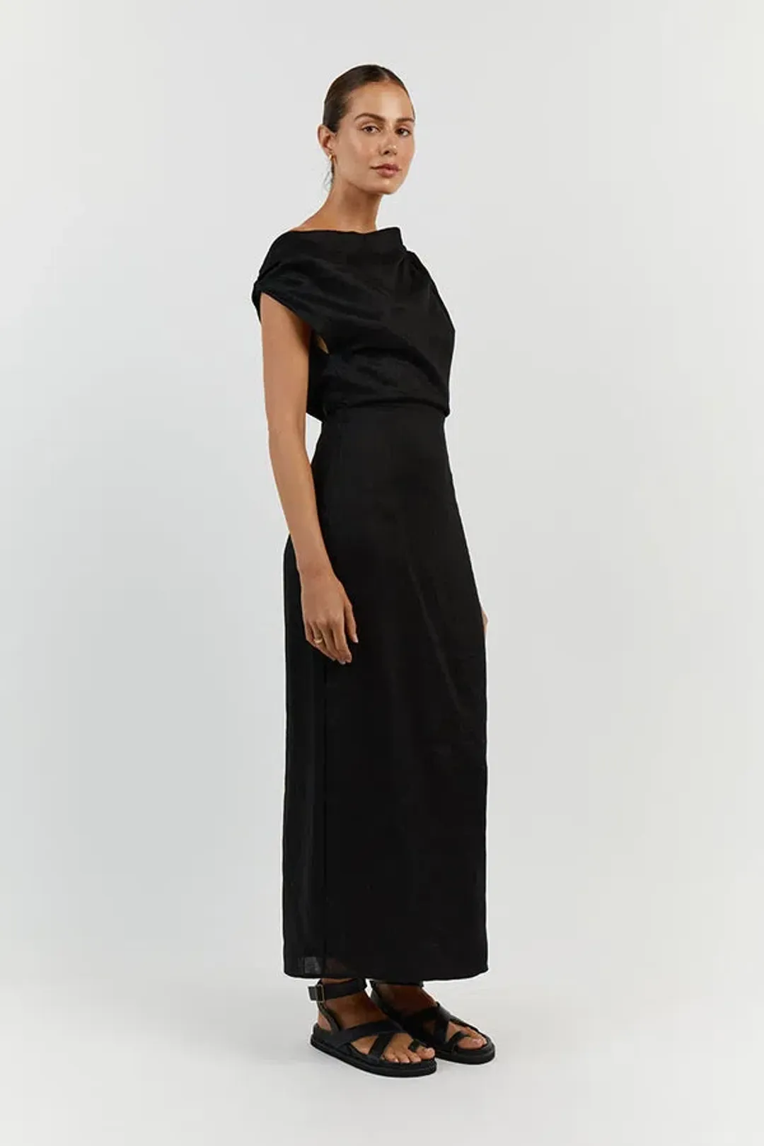 Dissh Cass Black Linen Asym Midi Dress Size 12 for rent on The Volte - main image