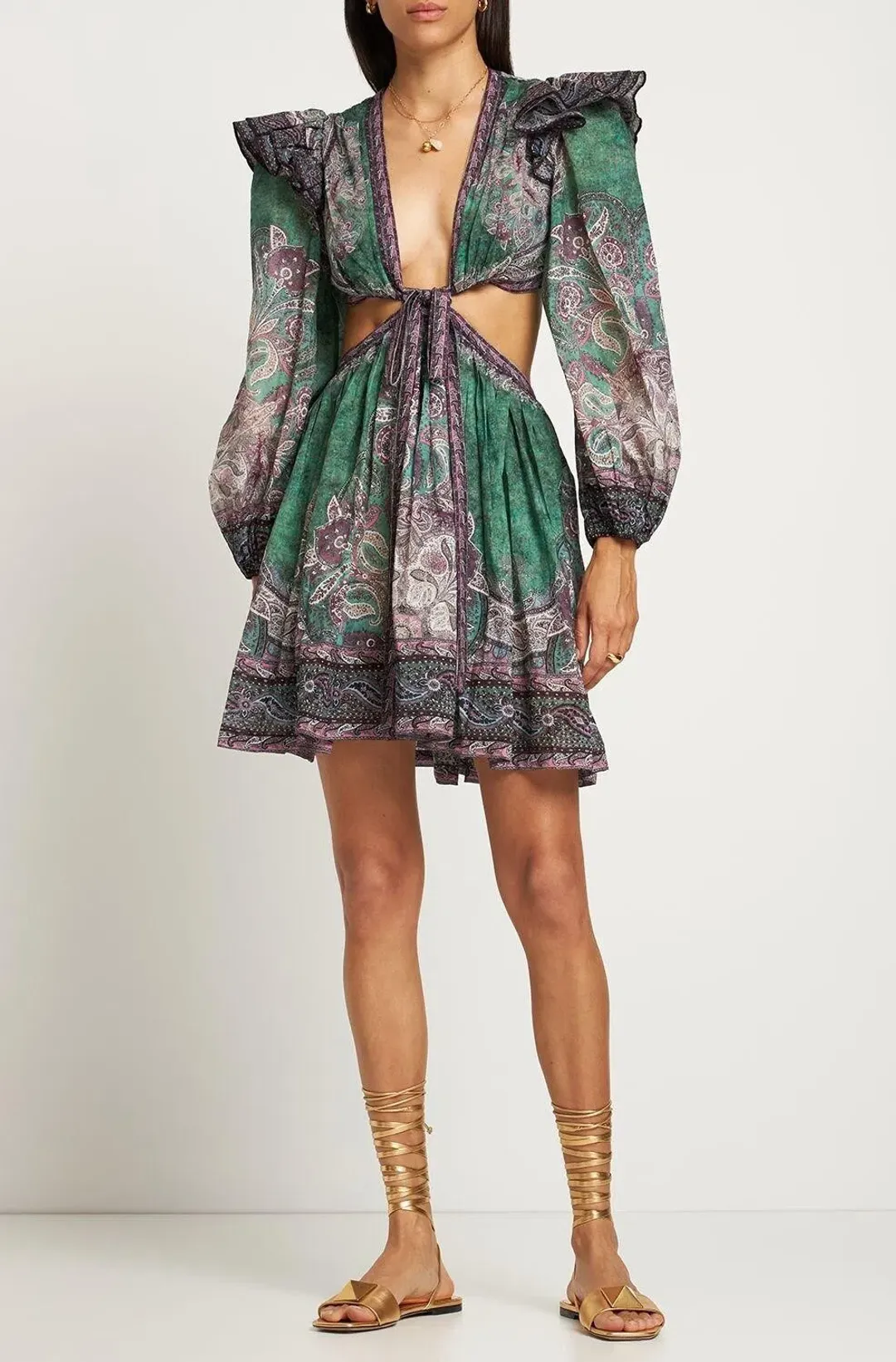 Zimmermann Anneke Ruffle Mini Dress Teal Paisley Size 3 / AU 14 for rent on The Volte - main image