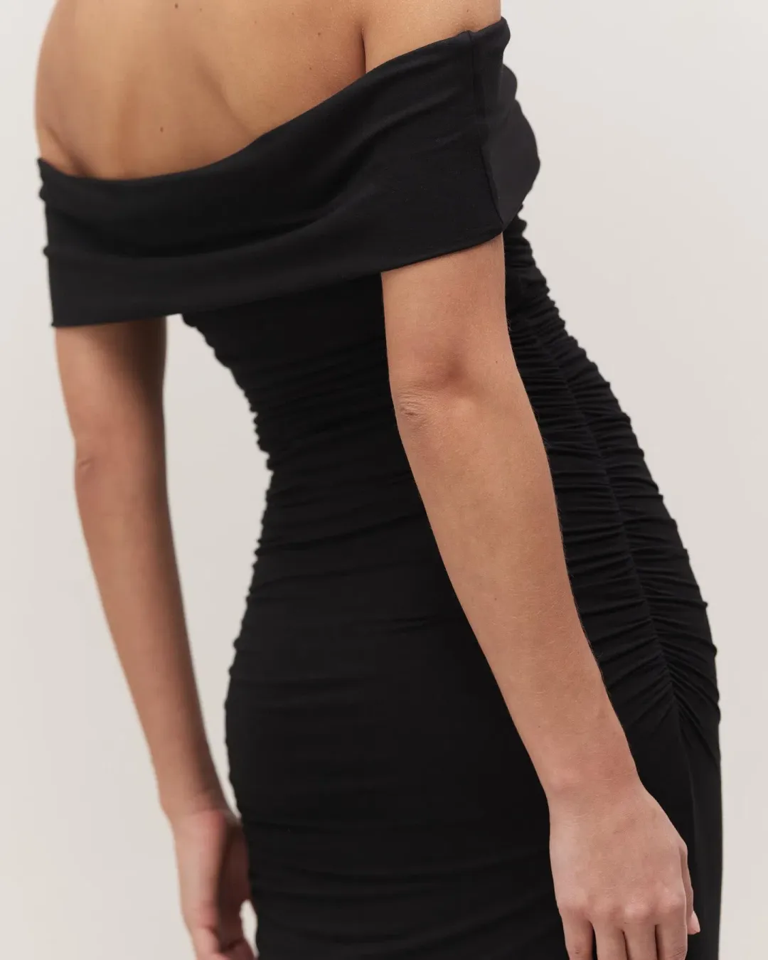Minima Esenciales Milana Off Shoulder Ruched Maxi Dress Black Size 8 for rent on The Volte - main image