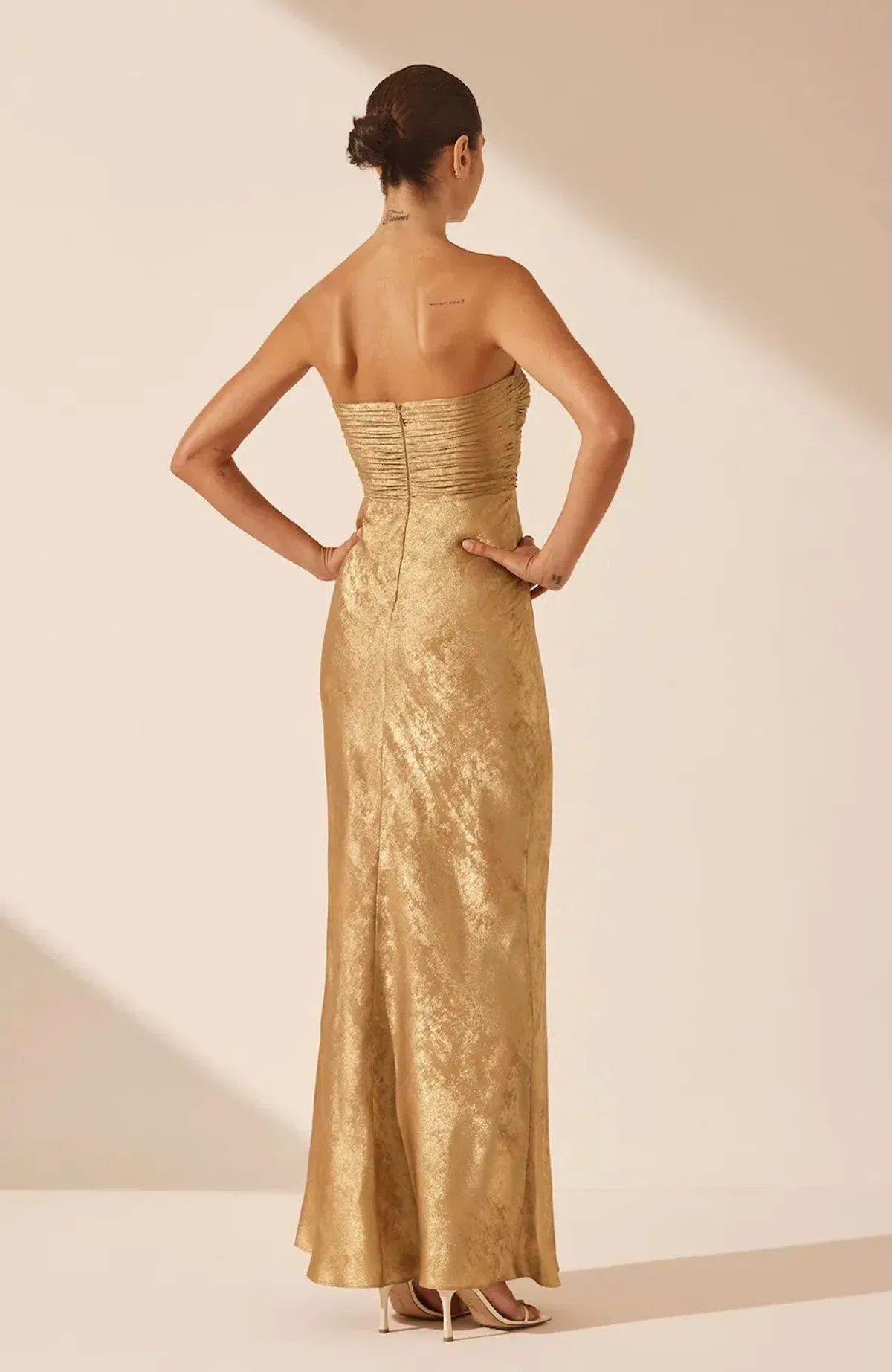 Shona Joy Royale Strapless Lace Up Maxi Dress Gold Size 10 - Image 3