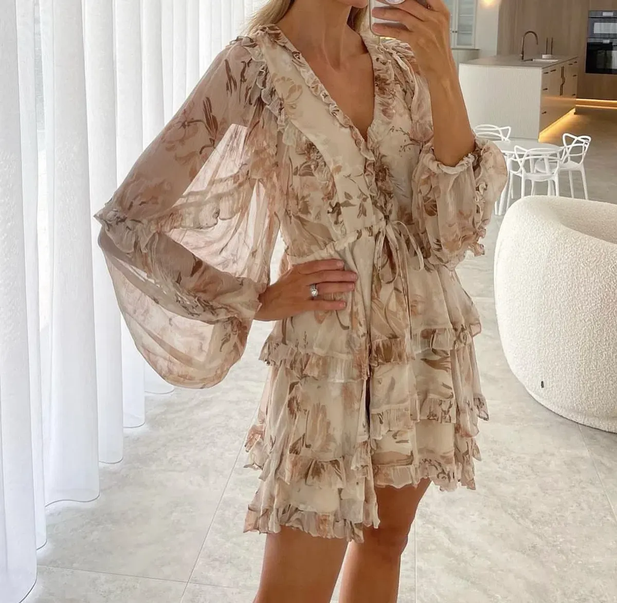 Shona Joy Nina Balloon Sleeve Frill Mini Dress Floral Size 6  - Image 3