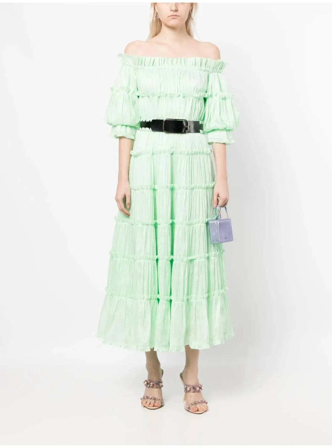 Leo Lin Rue Off Shoulder Tiered Dress Mint Green Size AU 12 for rent on The Volte - main image