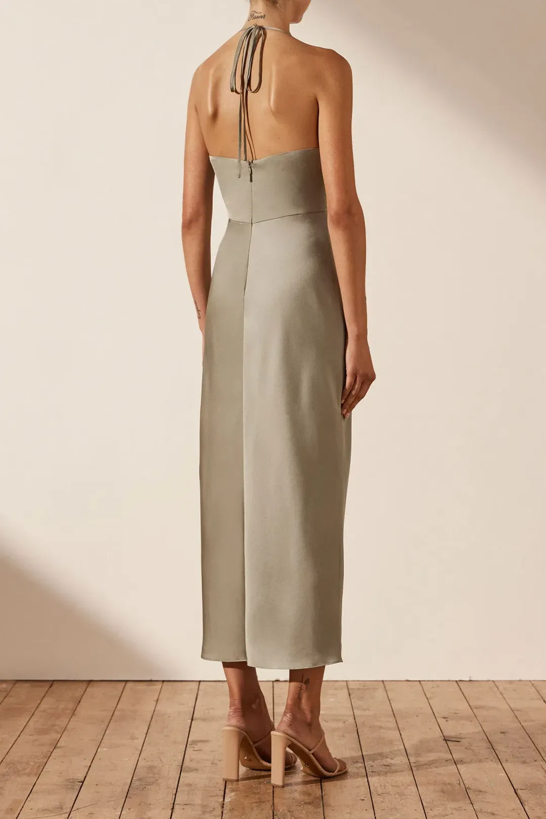 Shona Joy Luxe Twist Front Halter Midi Dress Eucalyptus Size AU 6 for rent on The Volte - main image
