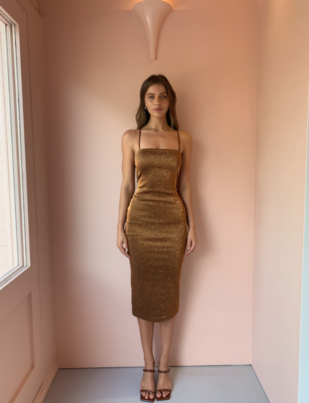 Bec & Bridge Bronze Baby Midi Dress Brown Size 8 for rent on The Volte - main image