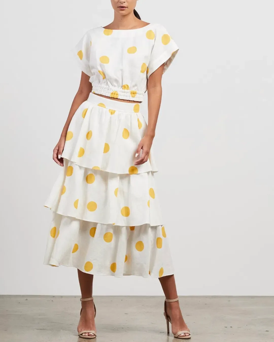 Rebecca Vallance Aya Polka-Dot Linen Midi Skirt and Crop Set White Print Size 12 for rent on The Volte - main image