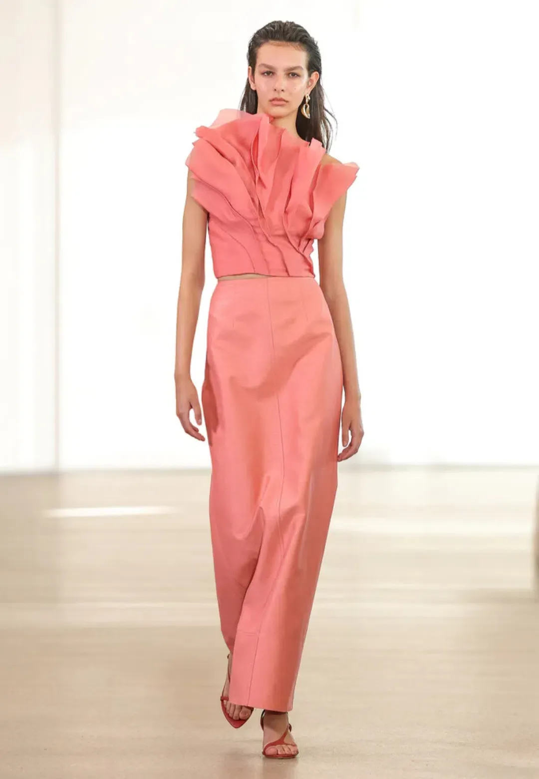 Aje Flame Crop Top and Mary Column Maxi Skirt Set in Guava Pink Size 10 for rent on The Volte - main image
