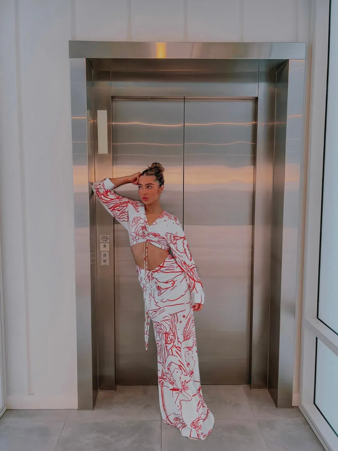 Christopher Esber Ruched Disconnect Shirt Dress Odyssey Print in Red/Ice Size 4 for rent on The Volte - main image