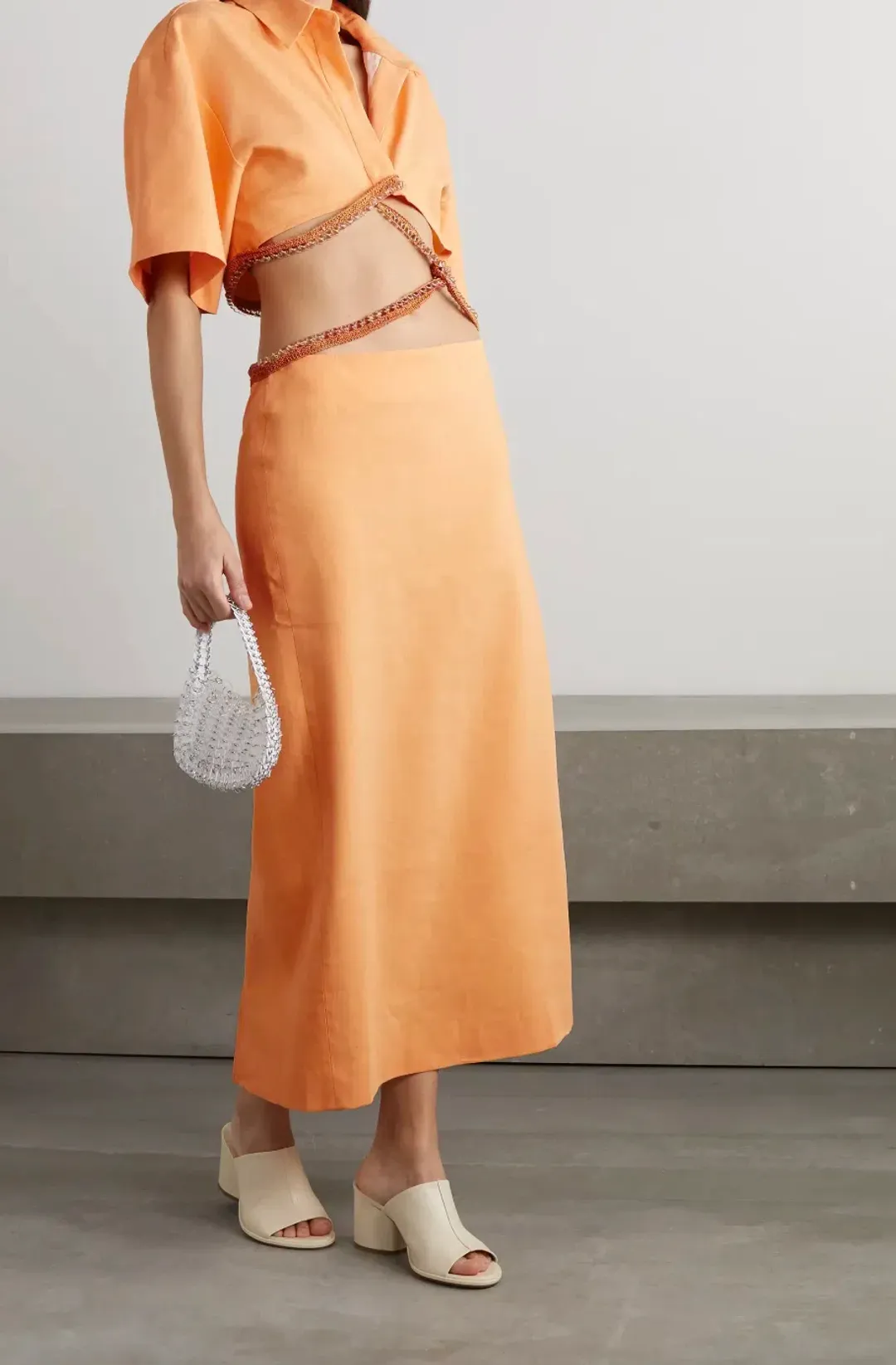 Christopher Esber Beaded Torso Linen Shirt Dress Tangerine Size 4 for rent on The Volte - main image