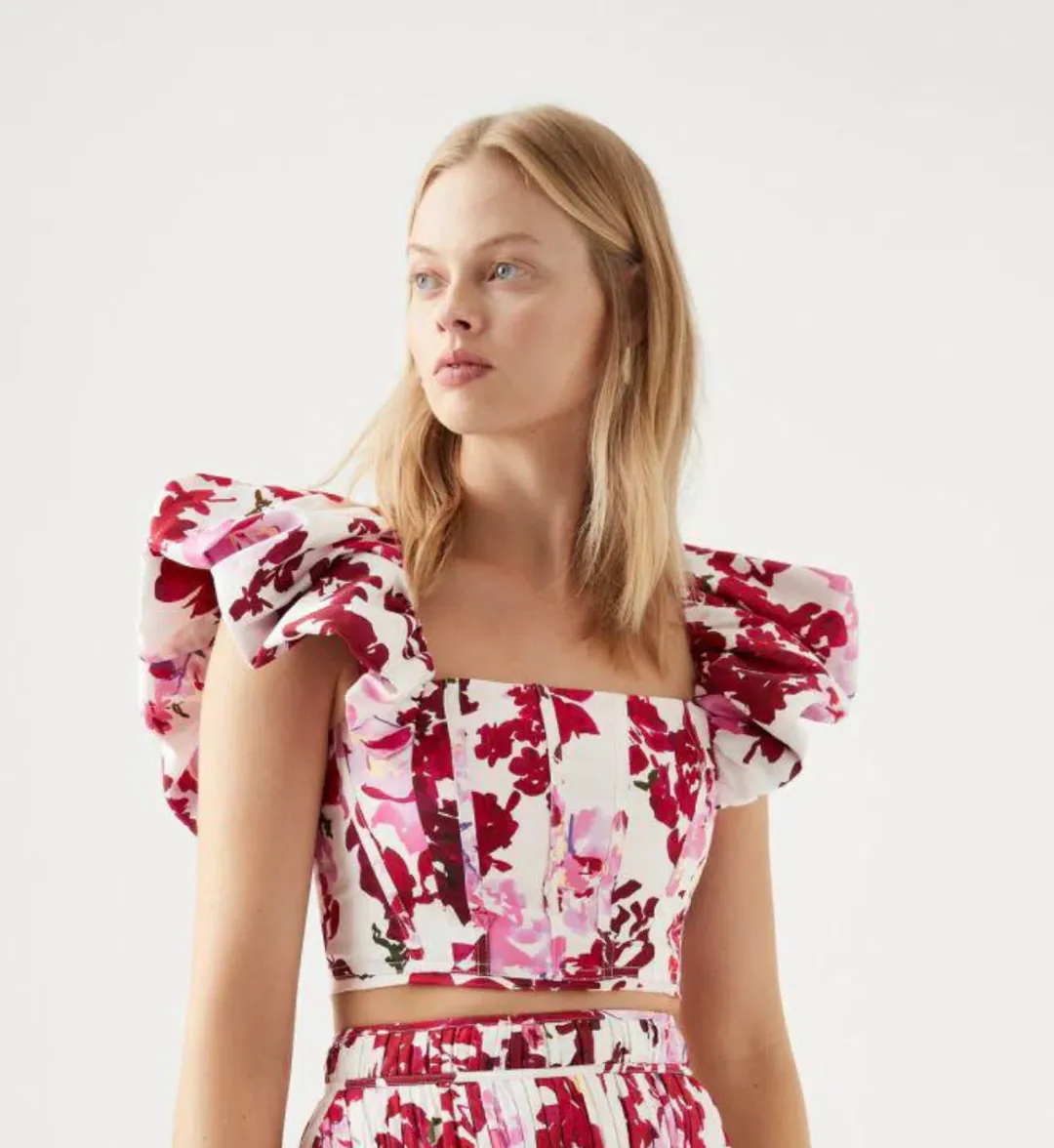 Aje Cherie Bubble Midi Skirt and Top Set Red Floral Size 8 for rent on The Volte - main image