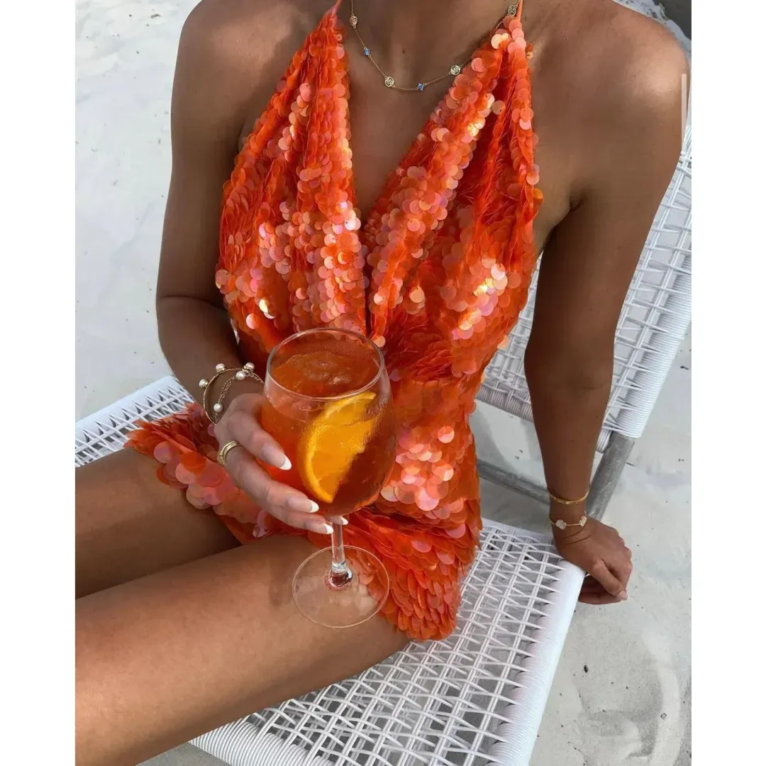 Rat & Boa Malika Dress Orange Sequin Size 10 for rent on The Volte - main image