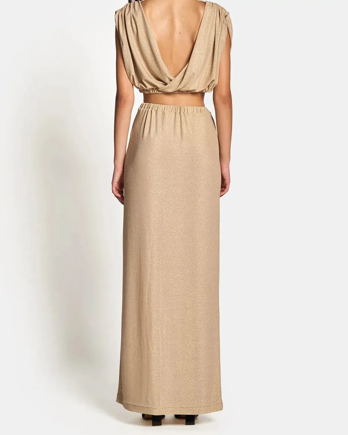 Sofia The Label Valentina Draped Crop Top and High Waist Maxi Skirt Set In Gold Lurex Size 8 - Image 2