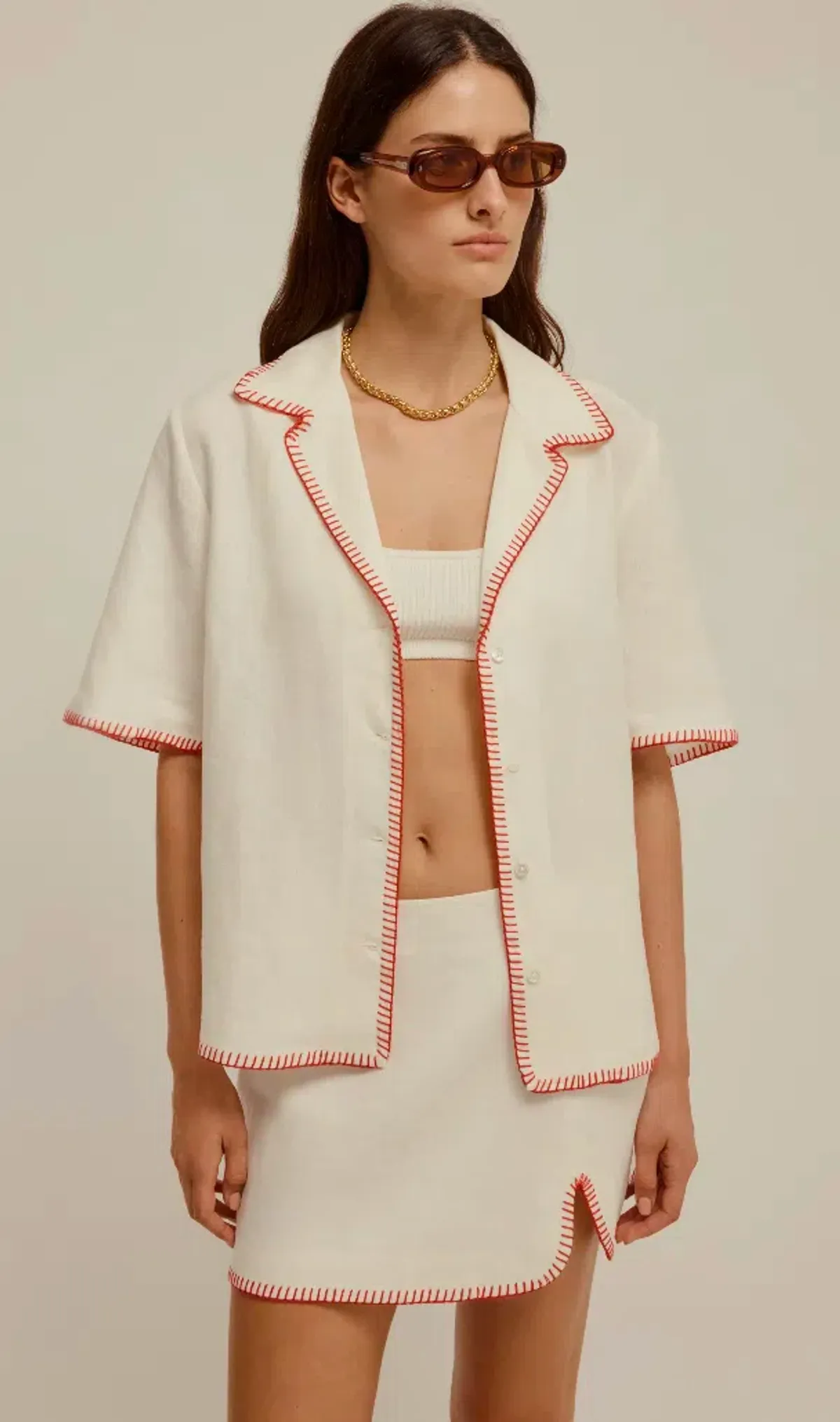 Venroy Blanket Stitch Linen Shirt & Skirt Set Pearl White Size 8 - Image 2