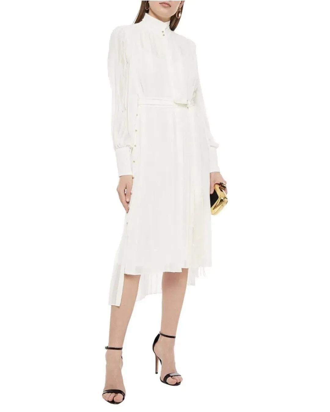 Zimmermann Belted Button Detailed Plisse Chiffon Midi Dress Pearl Size 1 / AU 10 for rent on The Volte - main image