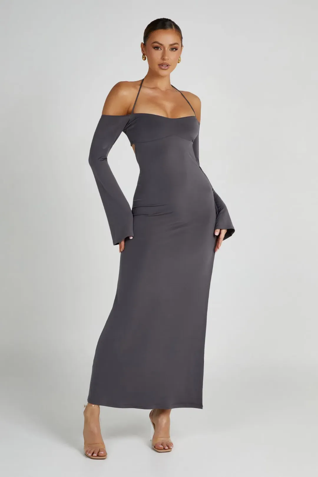 Meshki Slinky Off Shoulder Maxi Dress in Charcoal Grey Size 8 for rent on The Volte - main image