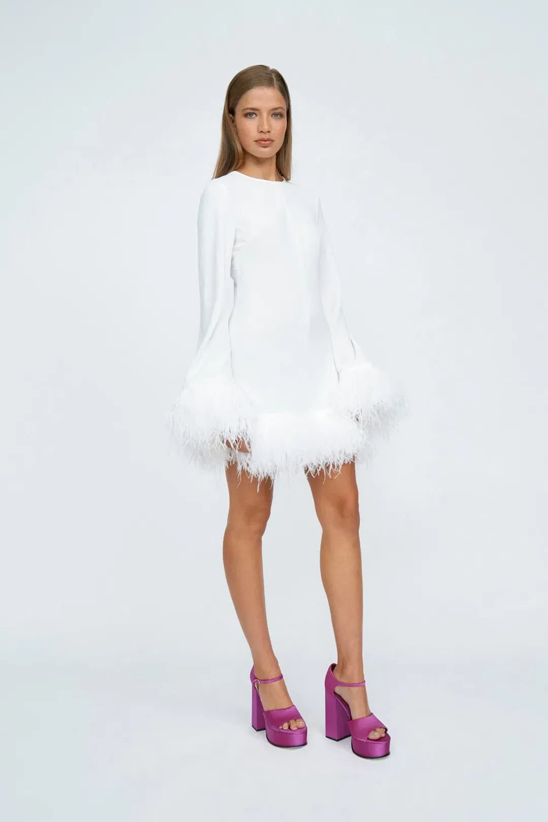 By Johnny Nicola Feather Trimmed Mini Dress Ivory Size 6 for rent on The Volte - main image