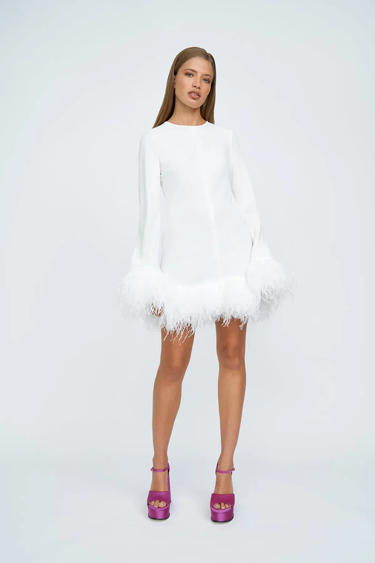 By Johnny Nicola Feather Trimmed Mini Dress Ivory Size 6 - Image 2