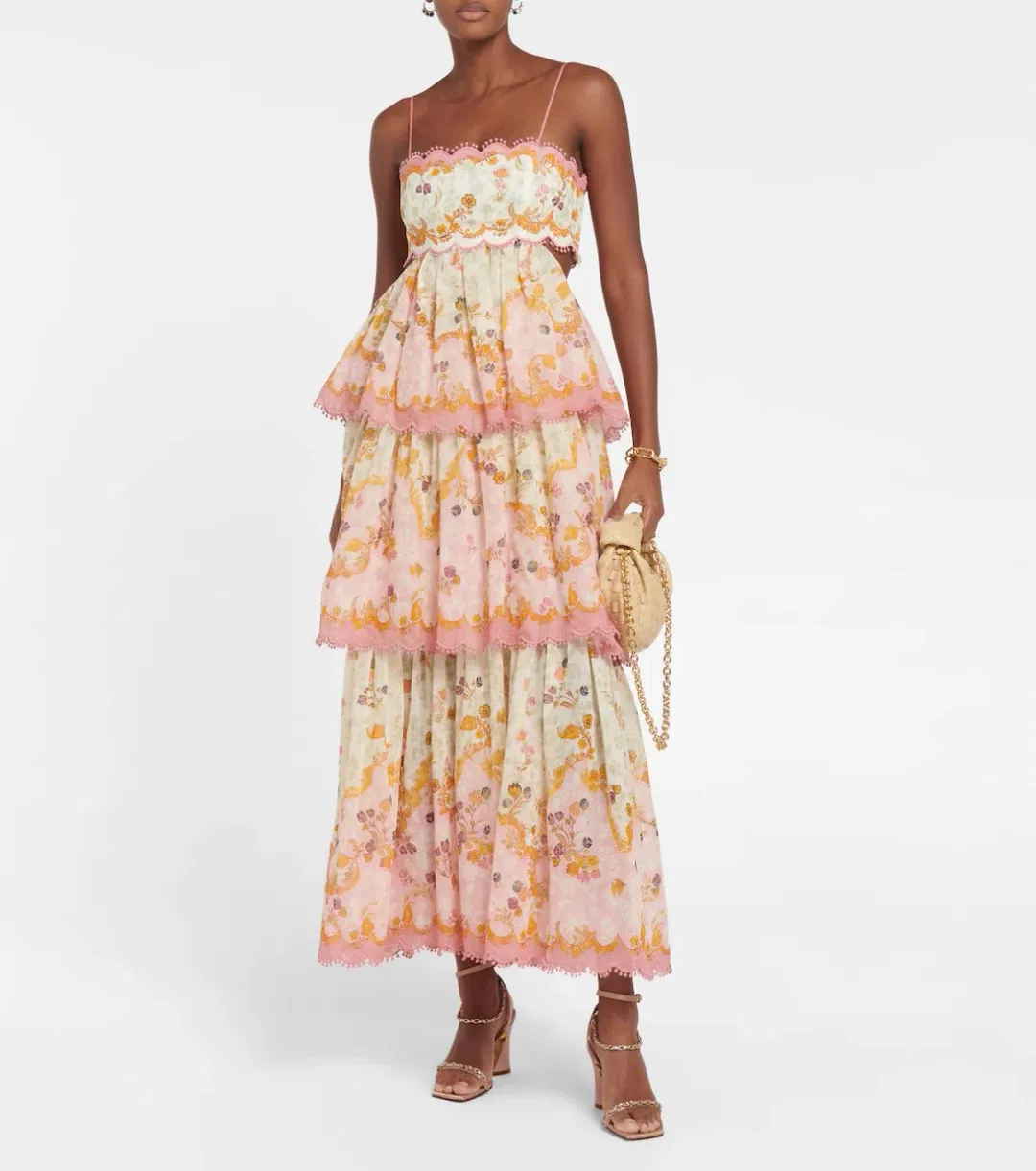 Zimmerman Laurel Frill Midi Dress In Pink Green Floral Size 1/Au 10 for rent on The Volte - main image