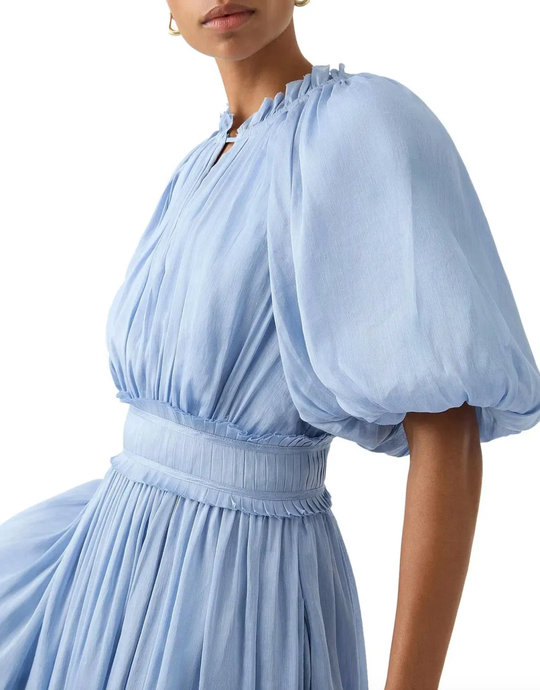 Aje Elysium Blouson Midi Dress Steel Blue Size 6 for rent on The Volte - main image