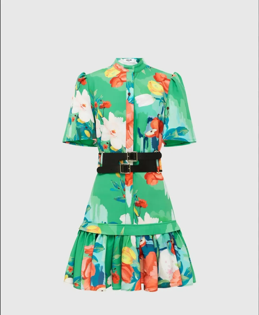 Leo Lin Florescence Mini Shirt Dress Lily Pad Green Floral Size 14 for rent on The Volte - main image