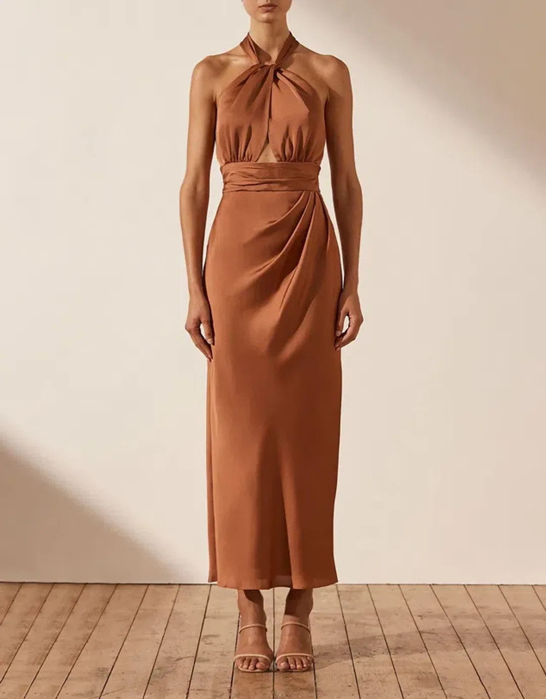 Shona Joy Luxe Halter Midi Dress Mocha Size 12 for rent on The Volte - main image