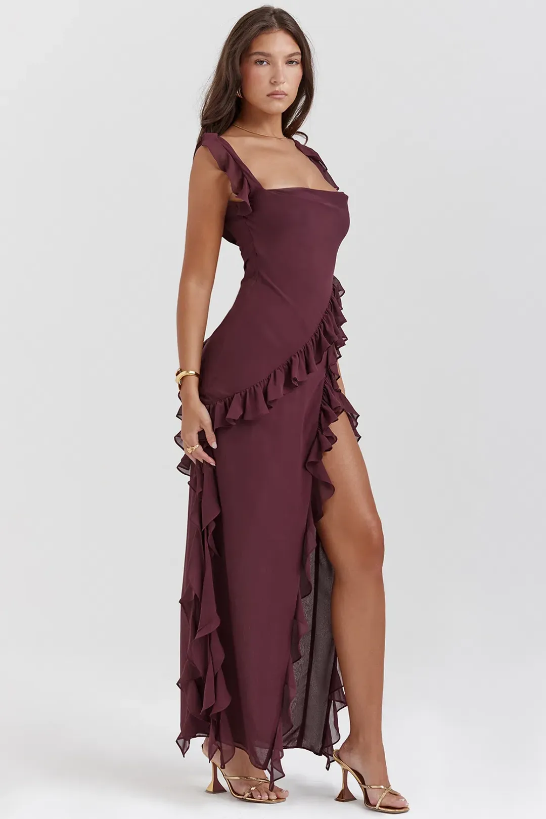 House of CB Ariela Ruffle Maxi Dress in Mulberry Size S/ AU 8 for rent on The Volte - main image
