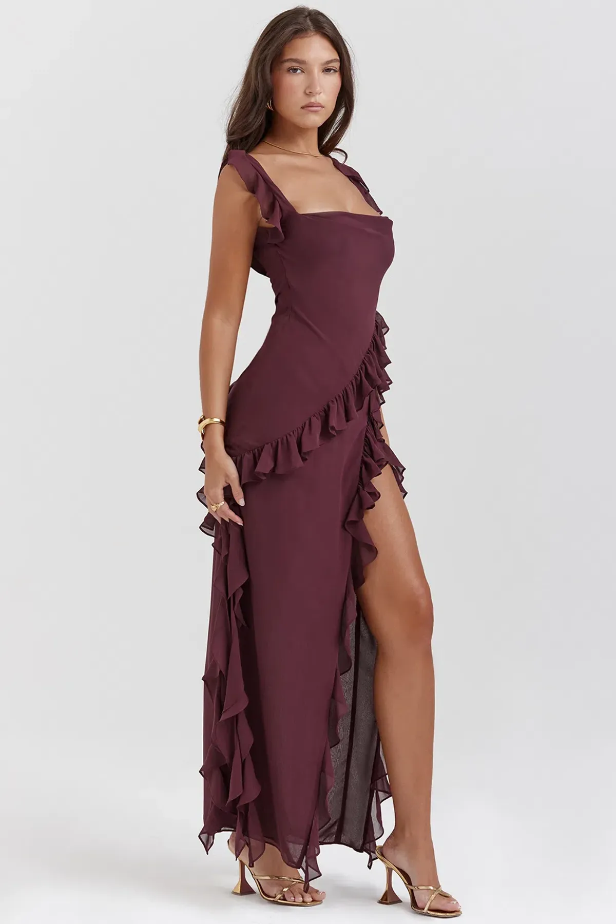 House of CB Ariela Ruffle Maxi Dress in Mulberry Size S/ AU 8 - Image 2